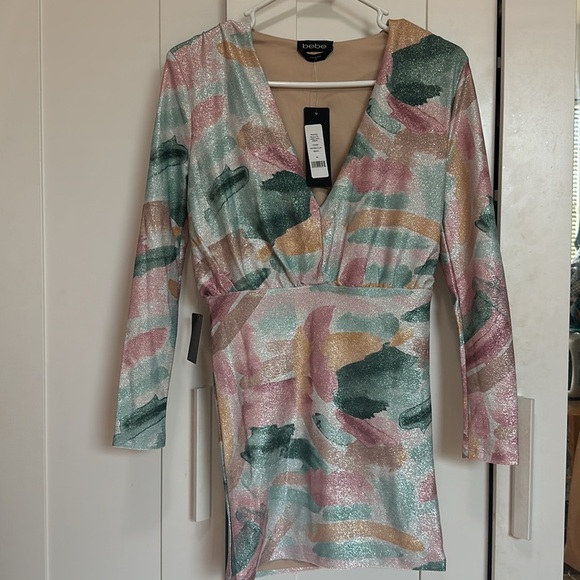 Bebe Printed Blouson Lurex Mini Dress - Picture 7 of 8